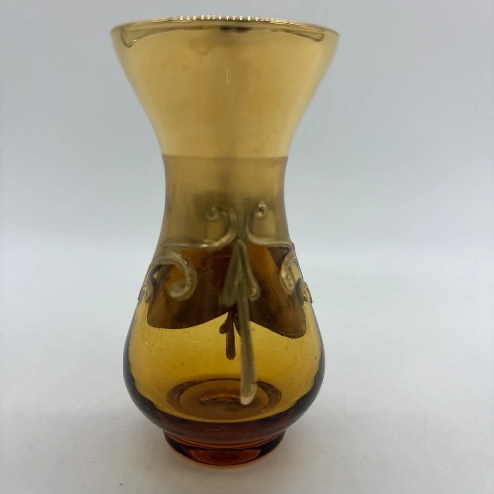 Vintage Venetian VR Italy Amber Glass Mini Vase Hand Painted Floral Gold Gilt 4